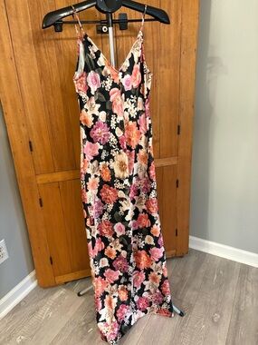 Express Floral Slip Maxi Dress in Black with Pink & Peach Blooms